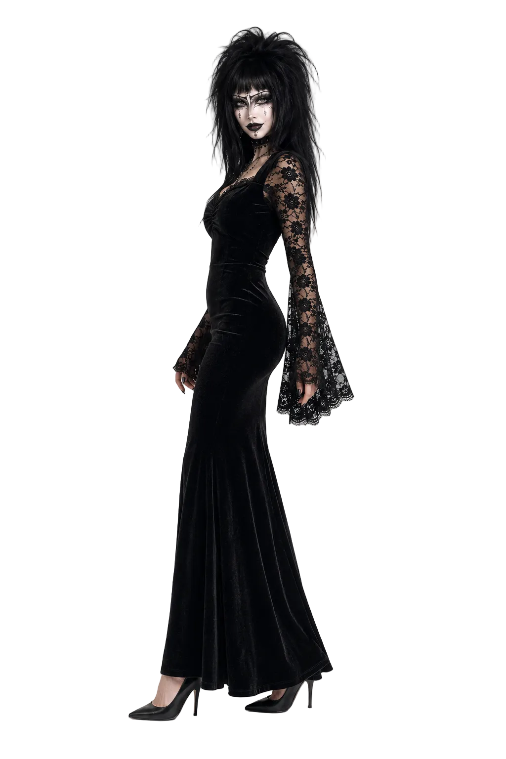 Woman wearing a black velvet dress with lace sleeves on a white background