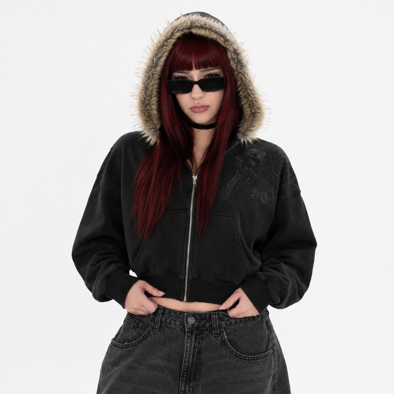Y2K faux fur collar zip up hoodie