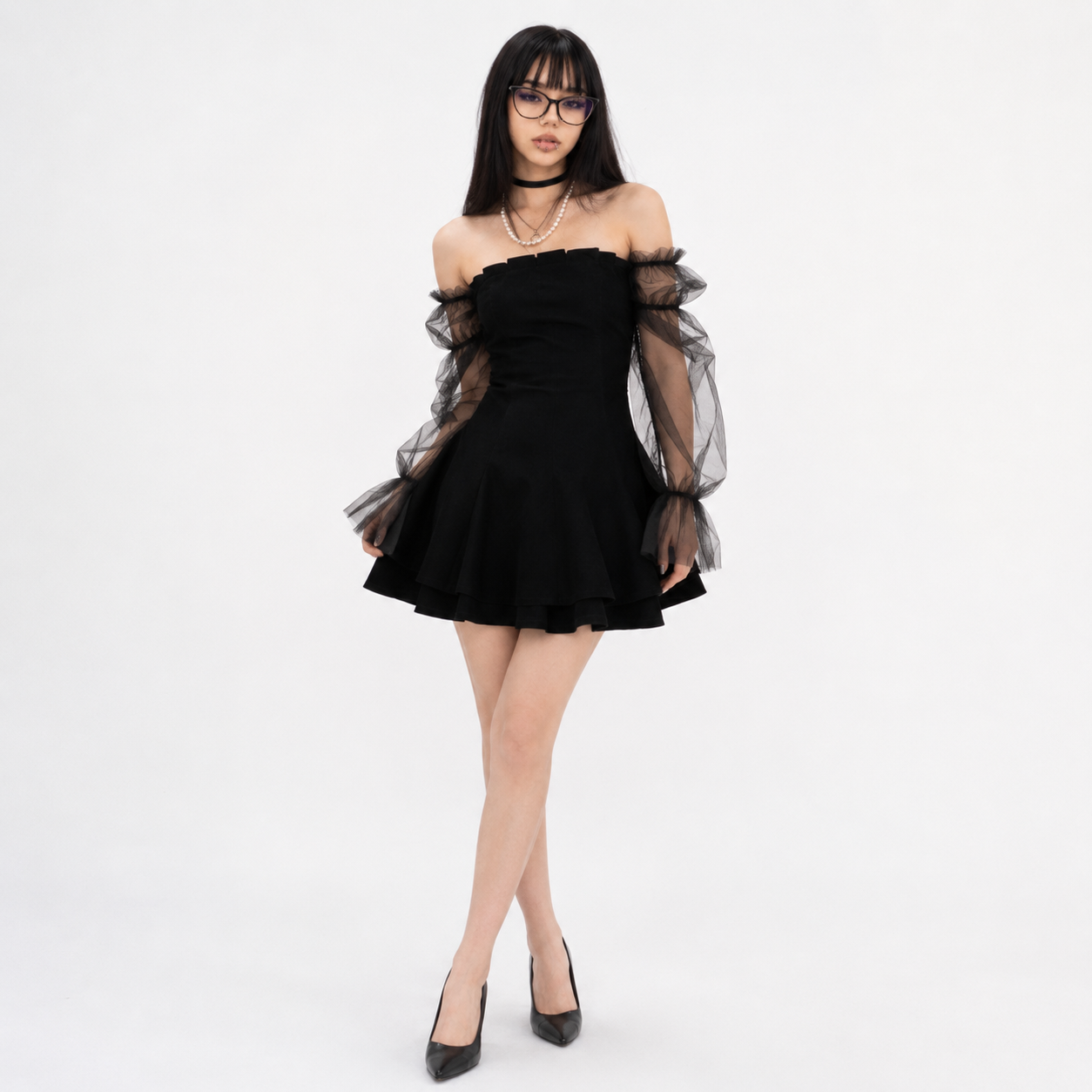 Black Retro Lace Chiffon Mini Dress