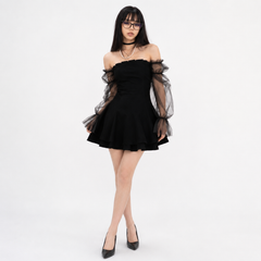 Black Retro Lace Chiffon Mini Dress