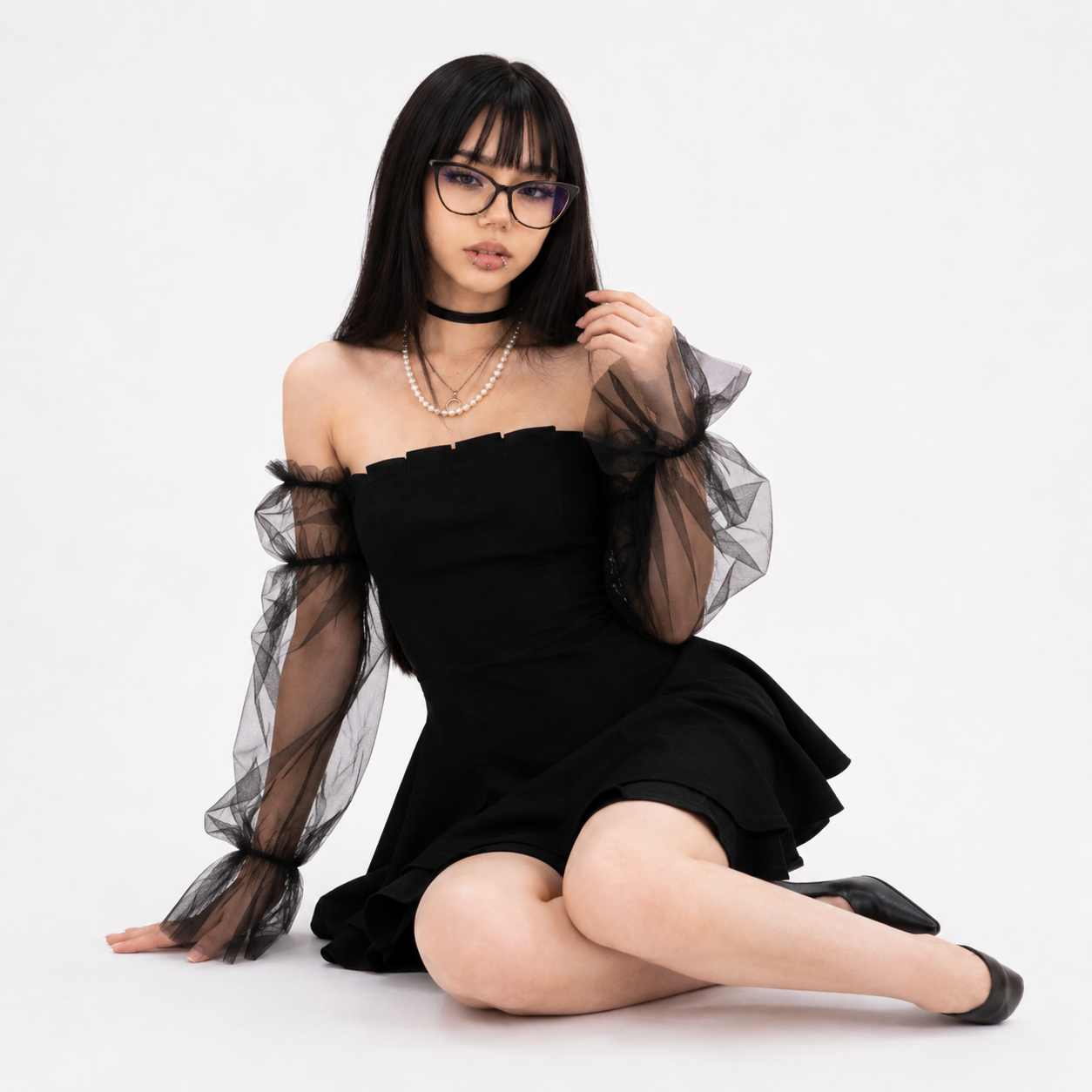 Black Retro Lace Chiffon Mini Dress