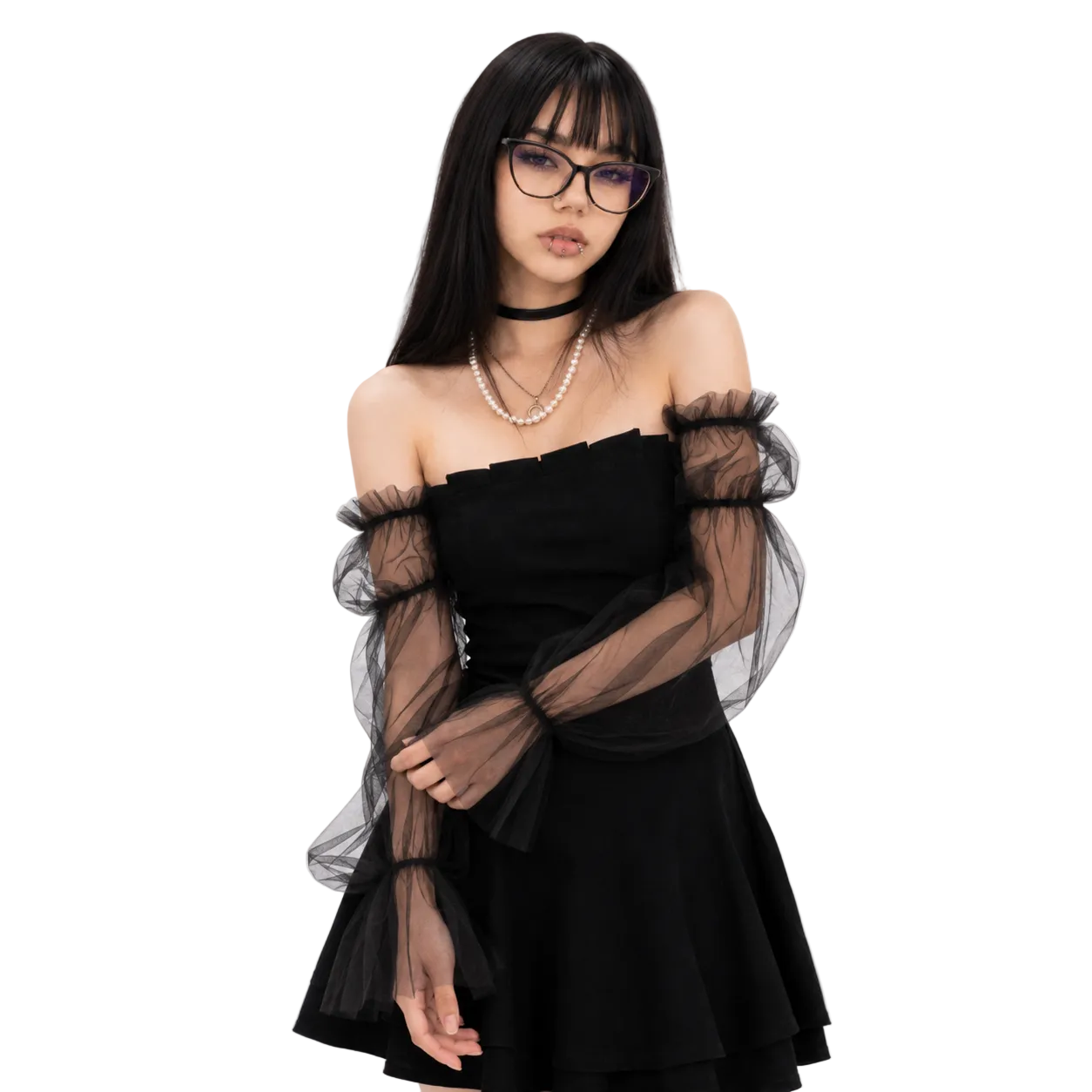 Black Retro Lace Chiffon Mini Dress