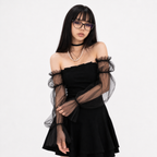 Black Retro Lace Chiffon Mini Dress