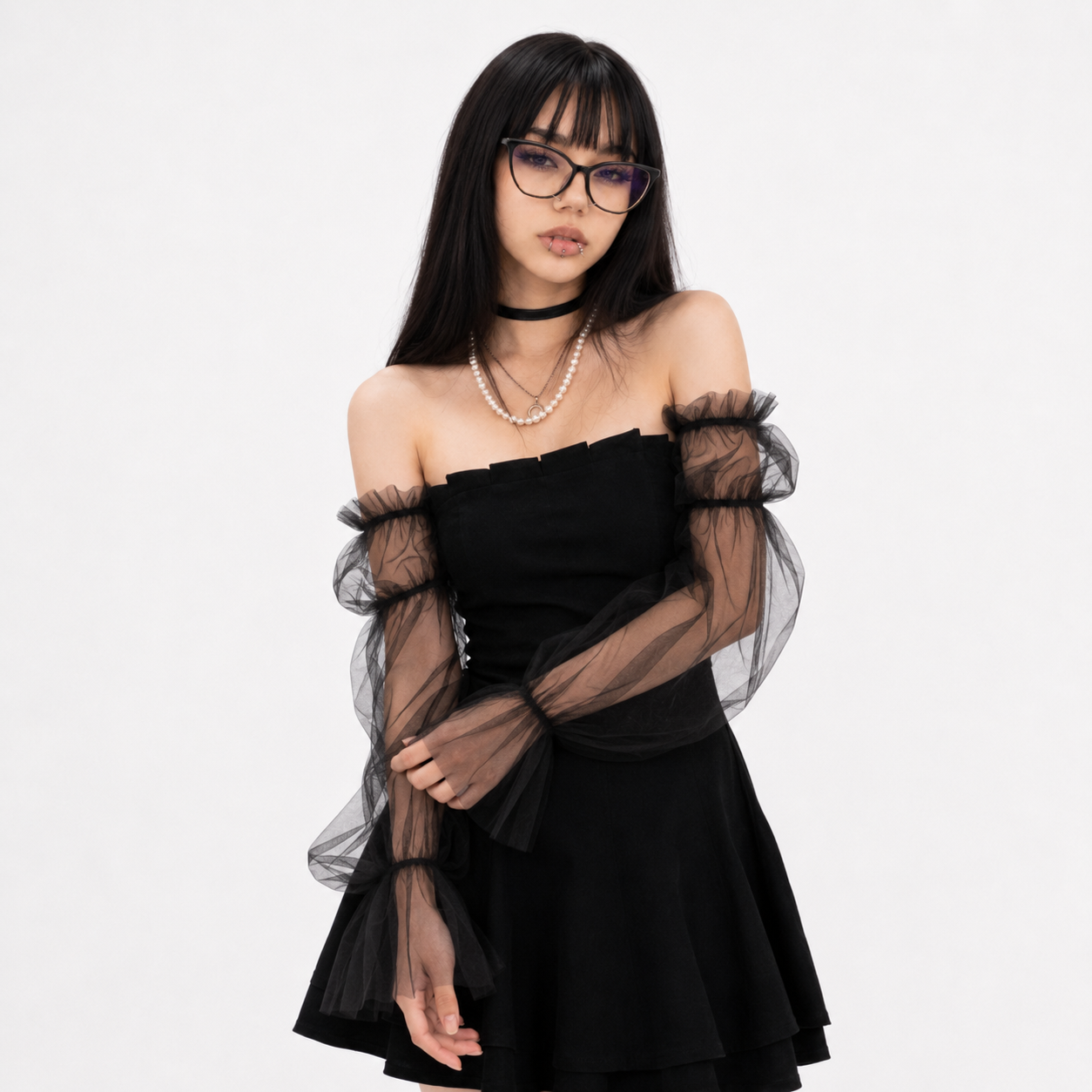 Black Retro Lace Chiffon Mini Dress