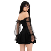 Black Retro Lace Chiffon Mini Dress