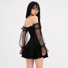 Black Retro Lace Chiffon Mini Dress