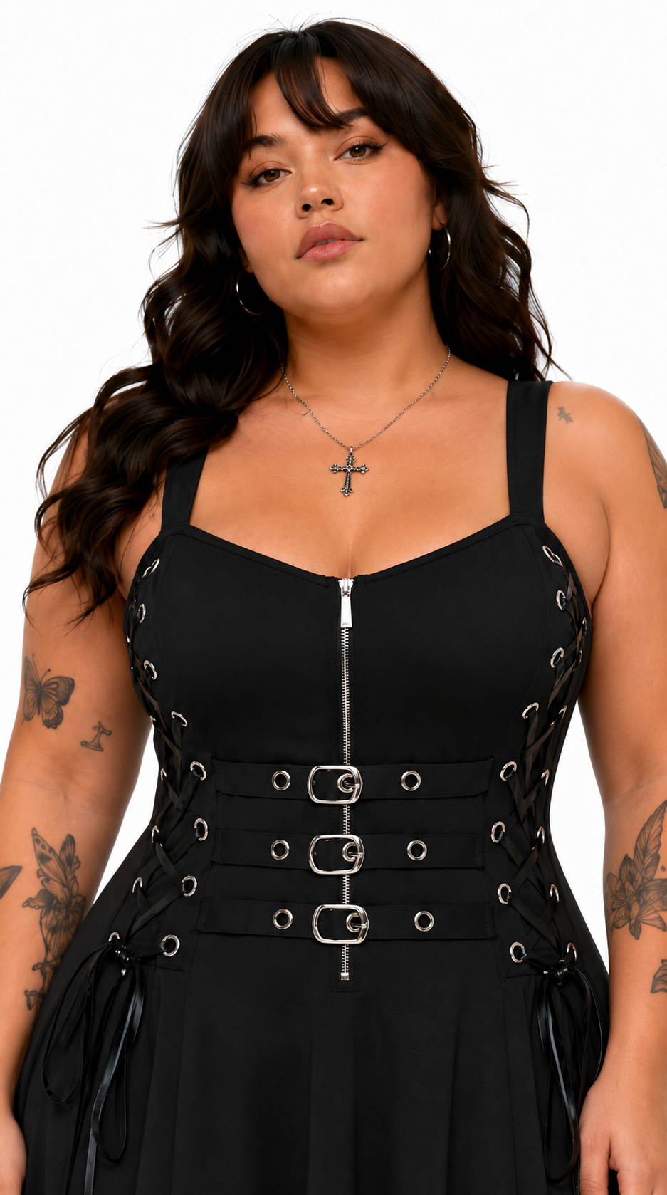 Gothic Buckled Lace-Up Midi Dress — Plus Size