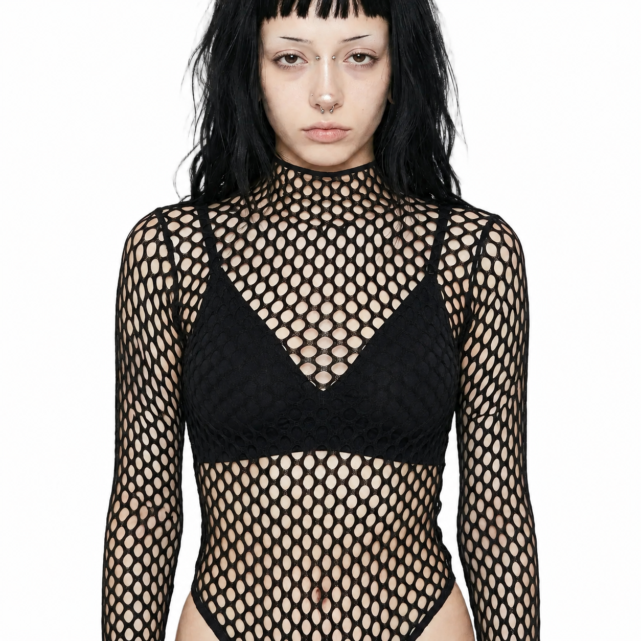 Black Fishnet Mesh Long Sleeve Top