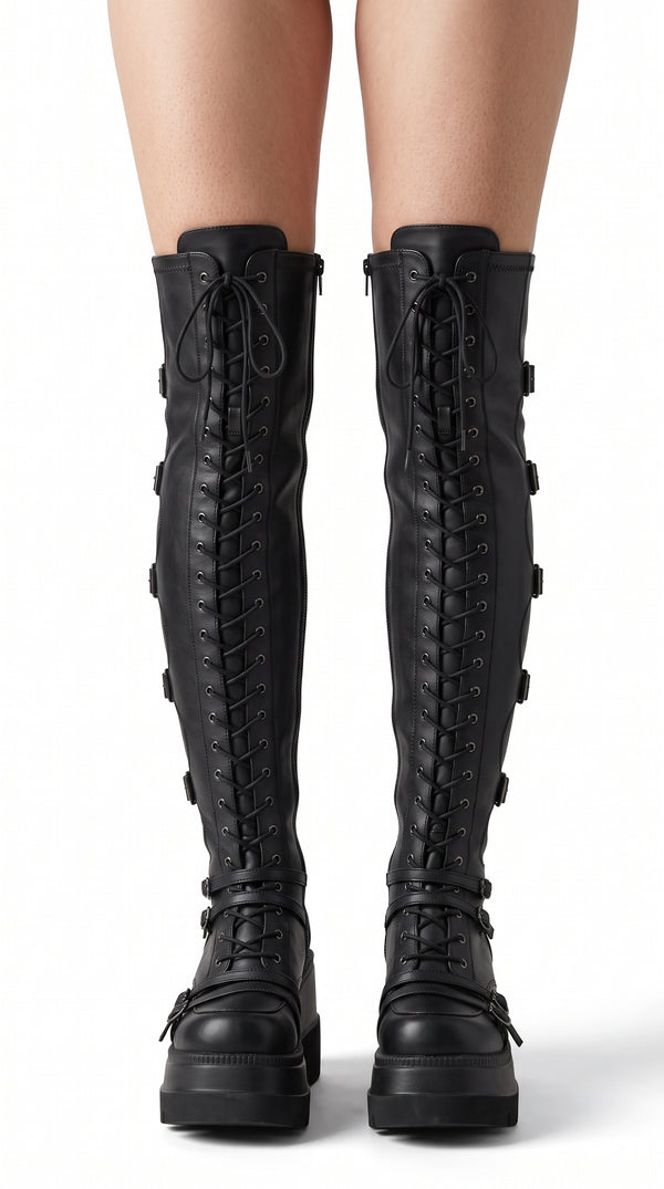 Over-the-Knee Gothic Platform Boots — Lace-Up Wedge, Dark Alt