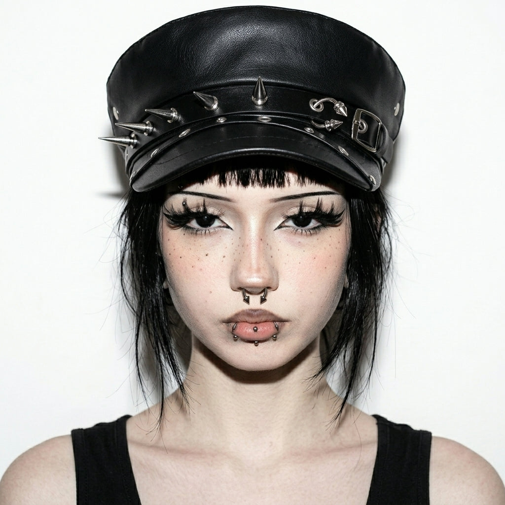 Black Rivet Leather Beret