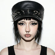 Black Rivet Leather Beret