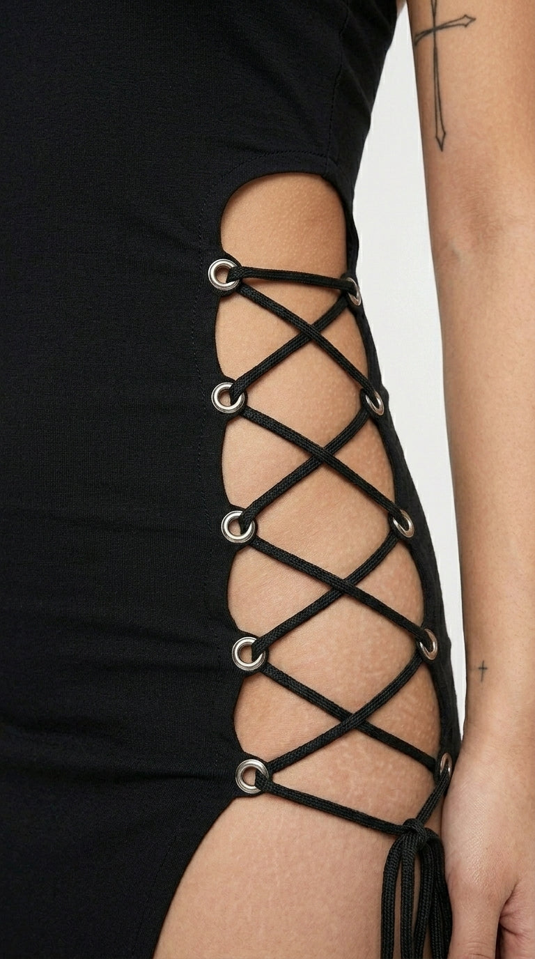 Dark Halter Bandage Midi Dress — Gothic High Split Bodycon