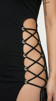 Dark Halter Bandage Midi Dress — Gothic High Split Bodycon