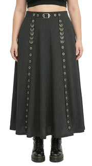 Buckle Grommet A-Line Midi Skirt — Plus Size