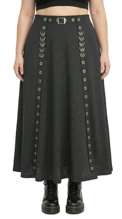 Buckle Grommet A-Line Midi Skirt — Plus Size