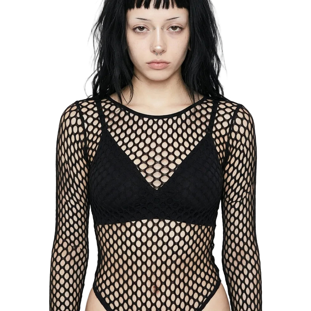 Black Fishnet Mesh Long Sleeve Top