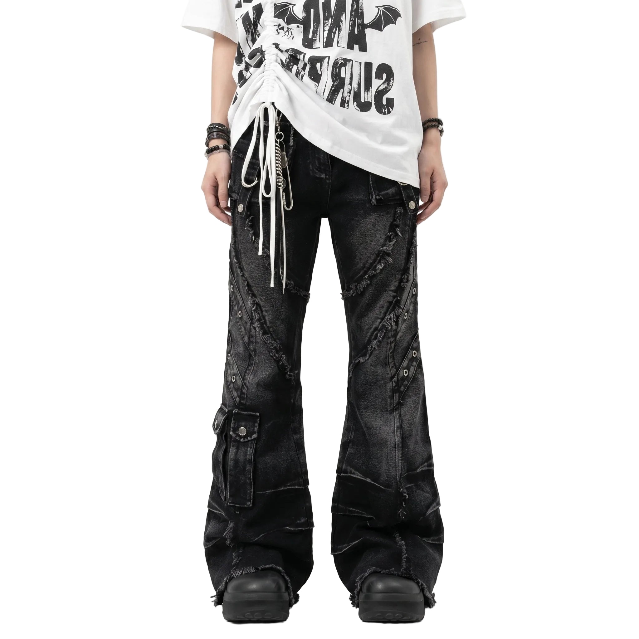 Black Patchwork Flare Jeans