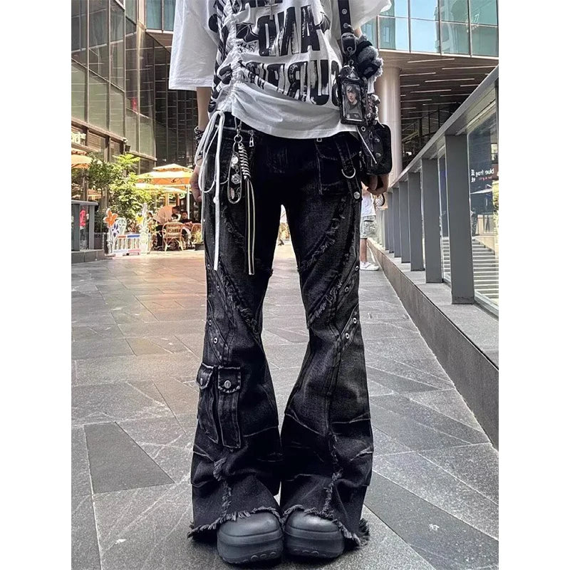 Black Patchwork Flare Jeans