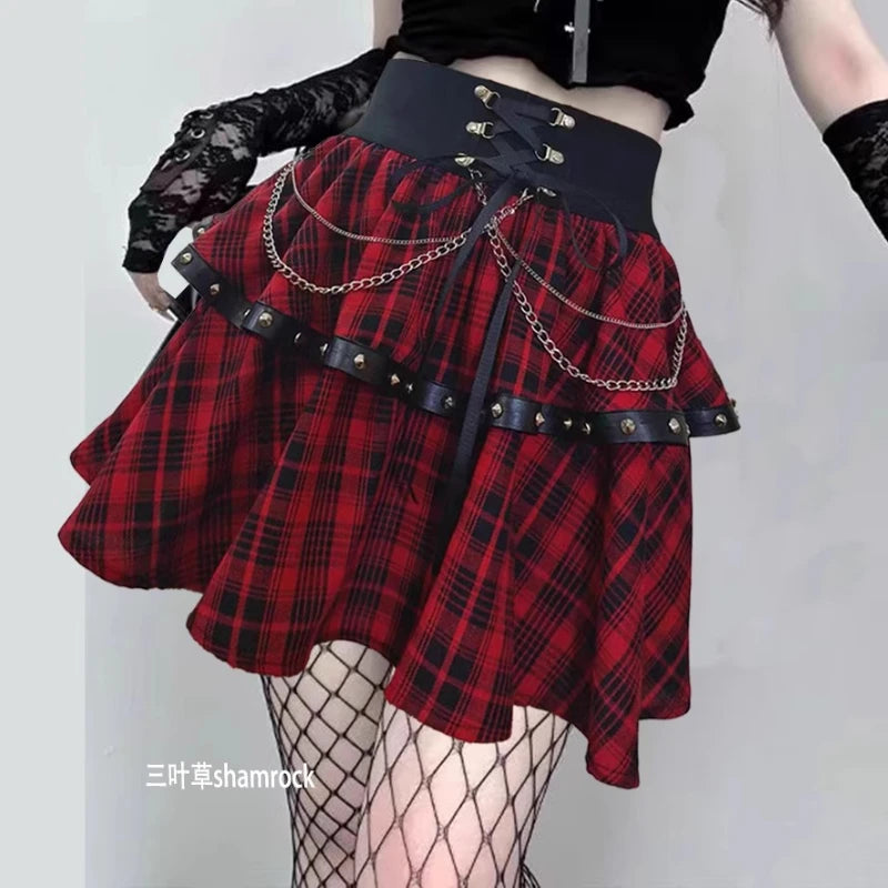 Large Size Subculture Punk Y2k Millennial Dark Rivet Plaid Skirt Women's Summer High Waist A-line Personalized Short Cake Skirts
