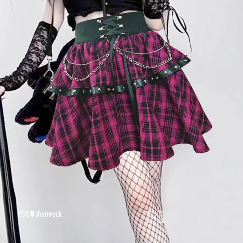 Large Size Subculture Punk Y2k Millennial Dark Rivet Plaid Skirt Women's Summer High Waist A-line Personalized Short Cake Skirts