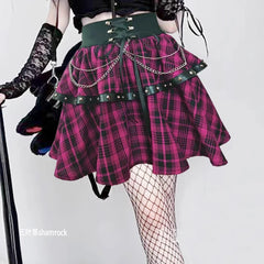 Large Size Subculture Punk Y2k Millennial Dark Rivet Plaid Skirt Women's Summer High Waist A-line Personalized Short Cake Skirts