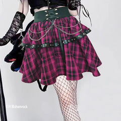 Large Size Subculture Punk Y2k Millennial Dark Rivet Plaid Skirt Women's Summer High Waist A-line Personalized Short Cake Skirts