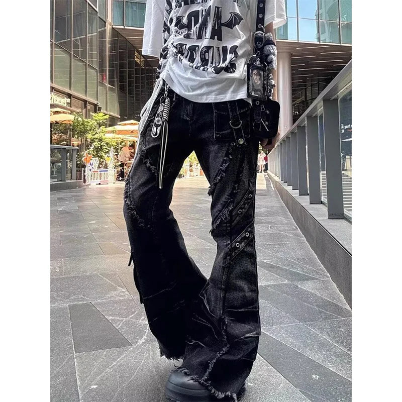Black Patchwork Flare Jeans