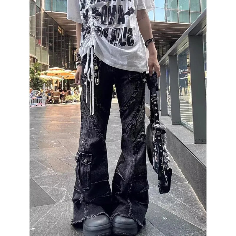Black Patchwork Flare Jeans