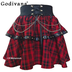 Large Size Subculture Punk Y2k Millennial Dark Rivet Plaid Skirt Women's Summer High Waist A-line Personalized Short Cake Skirts