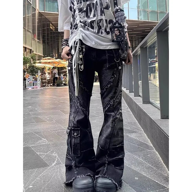 Black Patchwork Flare Jeans