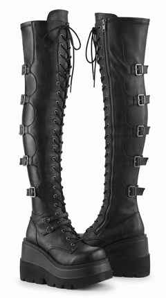 Over-the-Knee Gothic Platform Boots — Lace-Up Wedge, Dark Alt