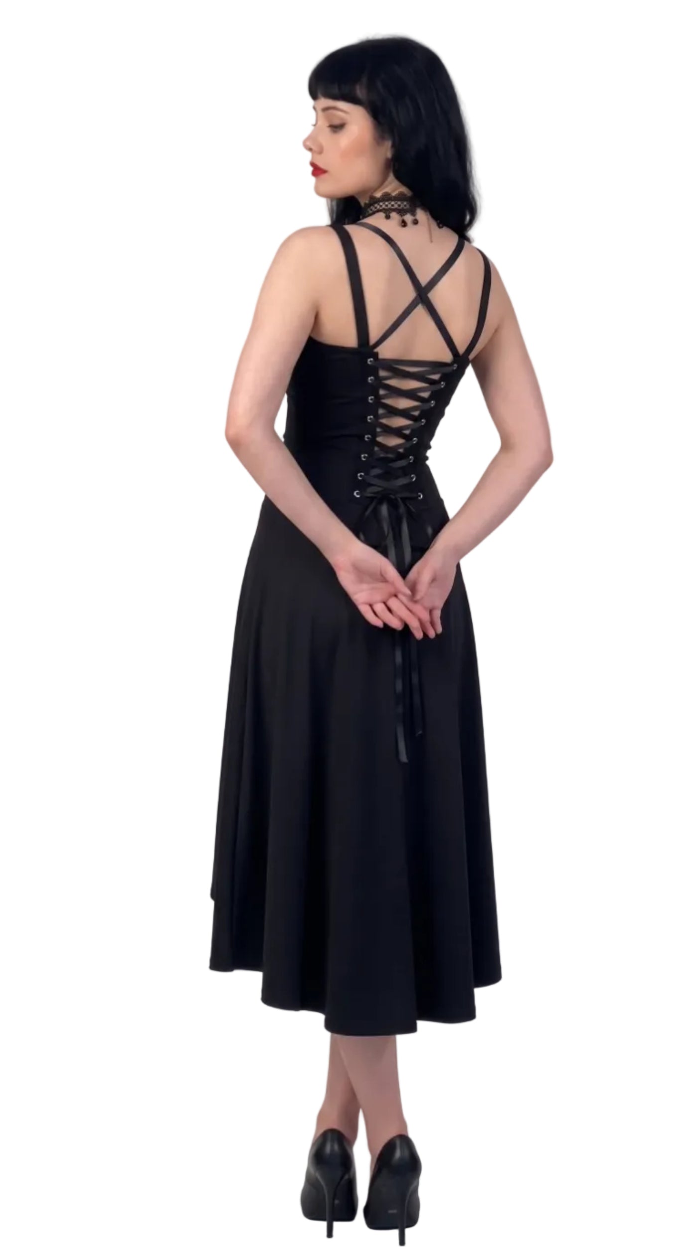 Gothic Buckle Cross Deep V-Neck A-Line Dress — Plus Size High Waist