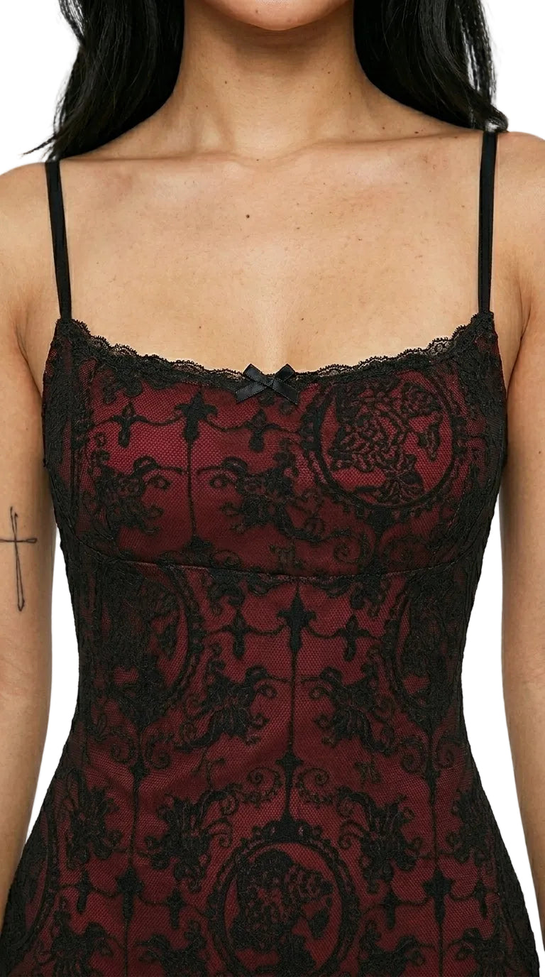 Crimson Cross Lace Midi Dress — Dark Gothic Bodycon