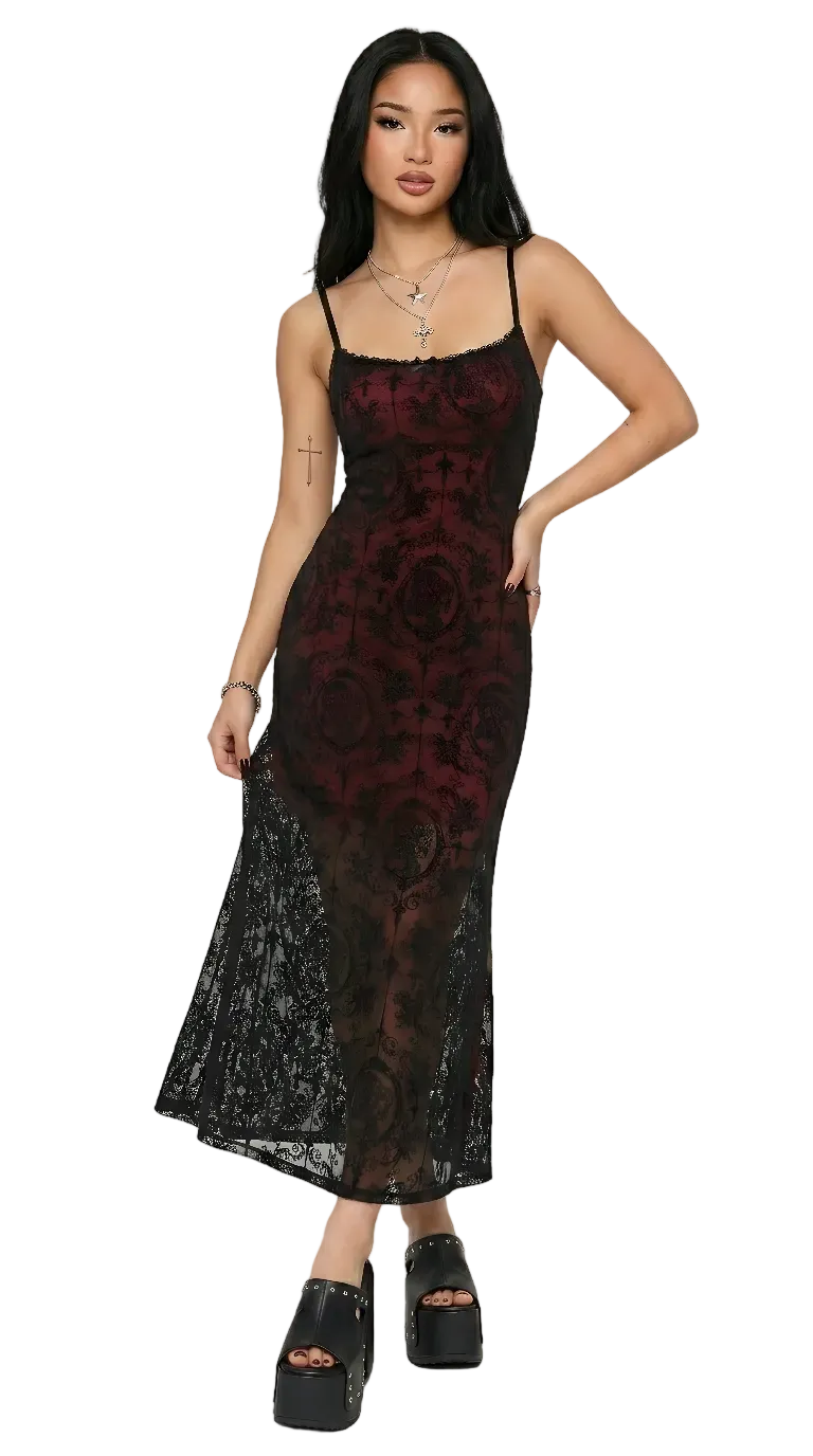 Crimson Cross Lace Midi Dress — Dark Gothic Bodycon