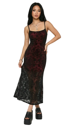 Crimson Cross Lace Midi Dress — Dark Gothic Bodycon