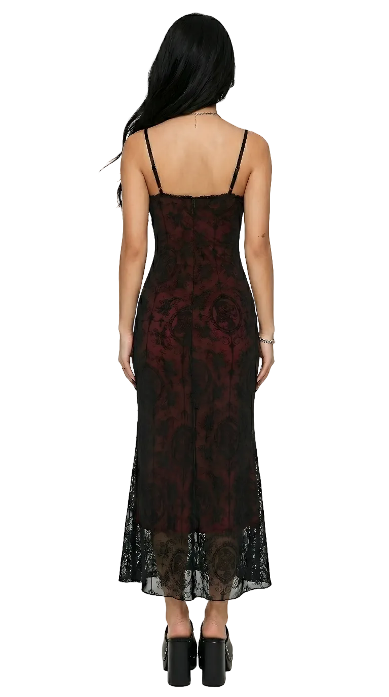 Crimson Cross Lace Midi Dress — Dark Gothic Bodycon