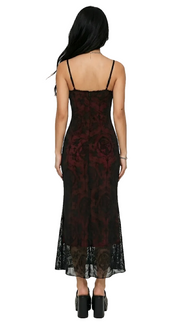 Crimson Cross Lace Midi Dress — Dark Gothic Bodycon