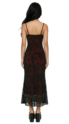 Crimson Cross Lace Midi Dress — Dark Gothic Bodycon