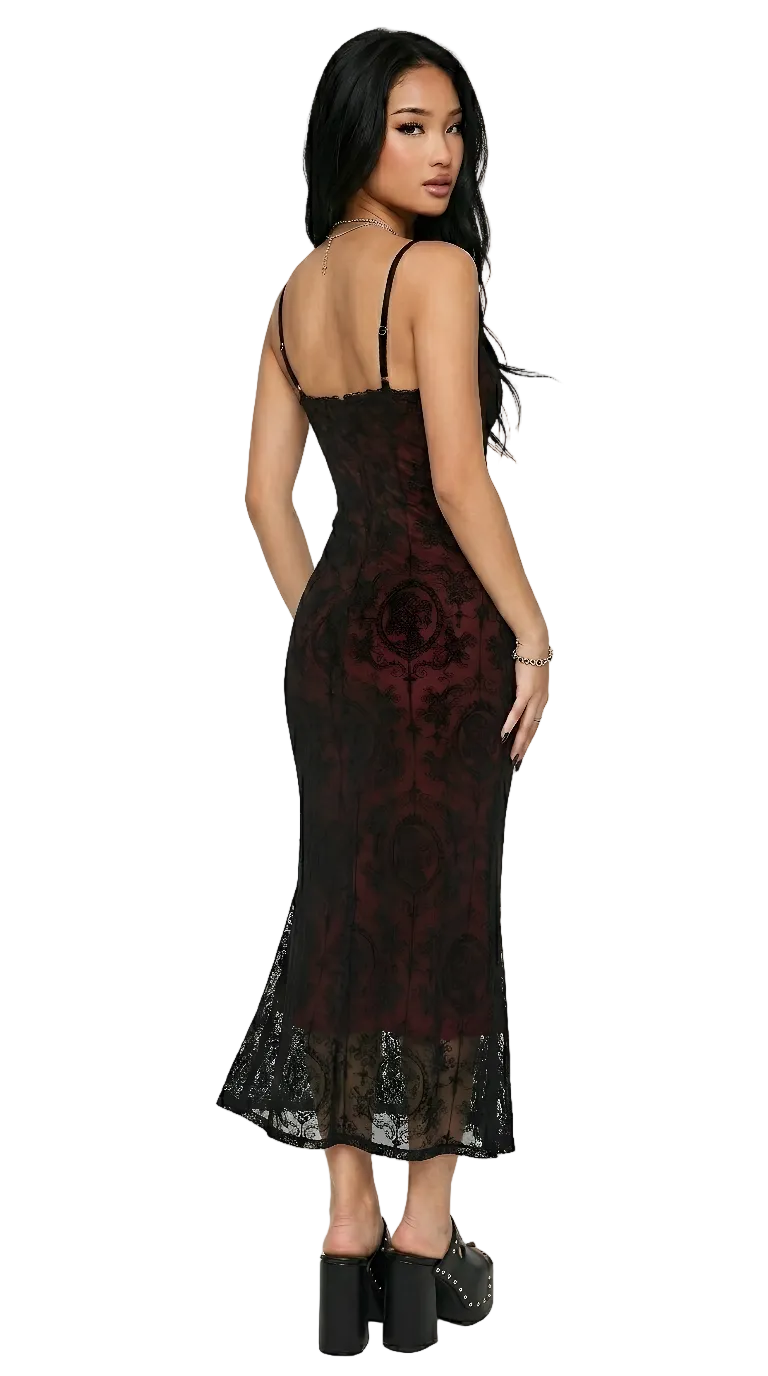 Crimson Cross Lace Midi Dress — Dark Gothic Bodycon