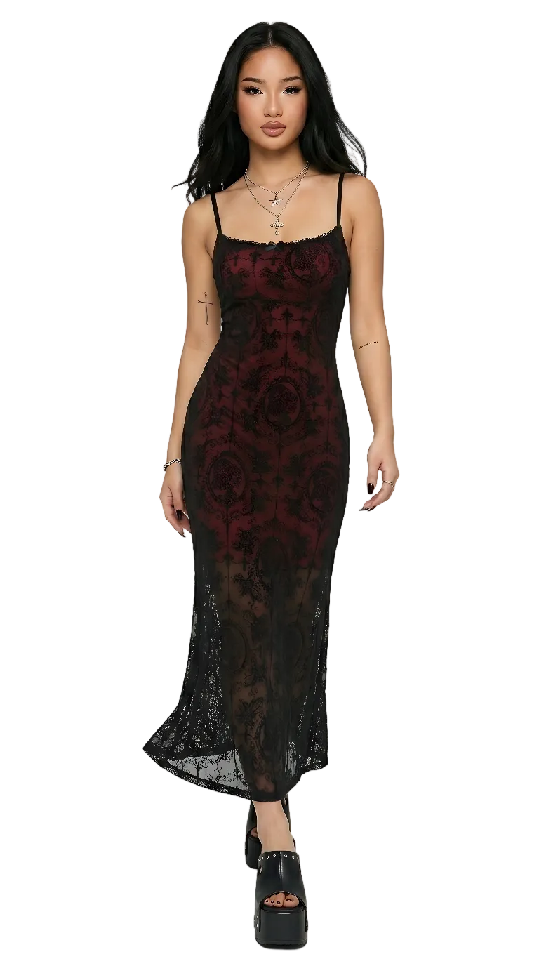 Crimson Cross Lace Midi Dress — Dark Gothic Bodycon