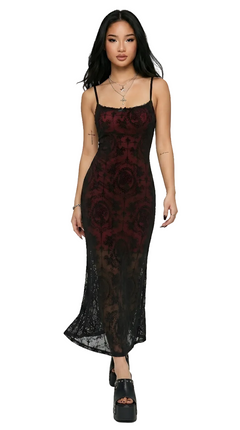 Crimson Cross Lace Midi Dress — Dark Gothic Bodycon