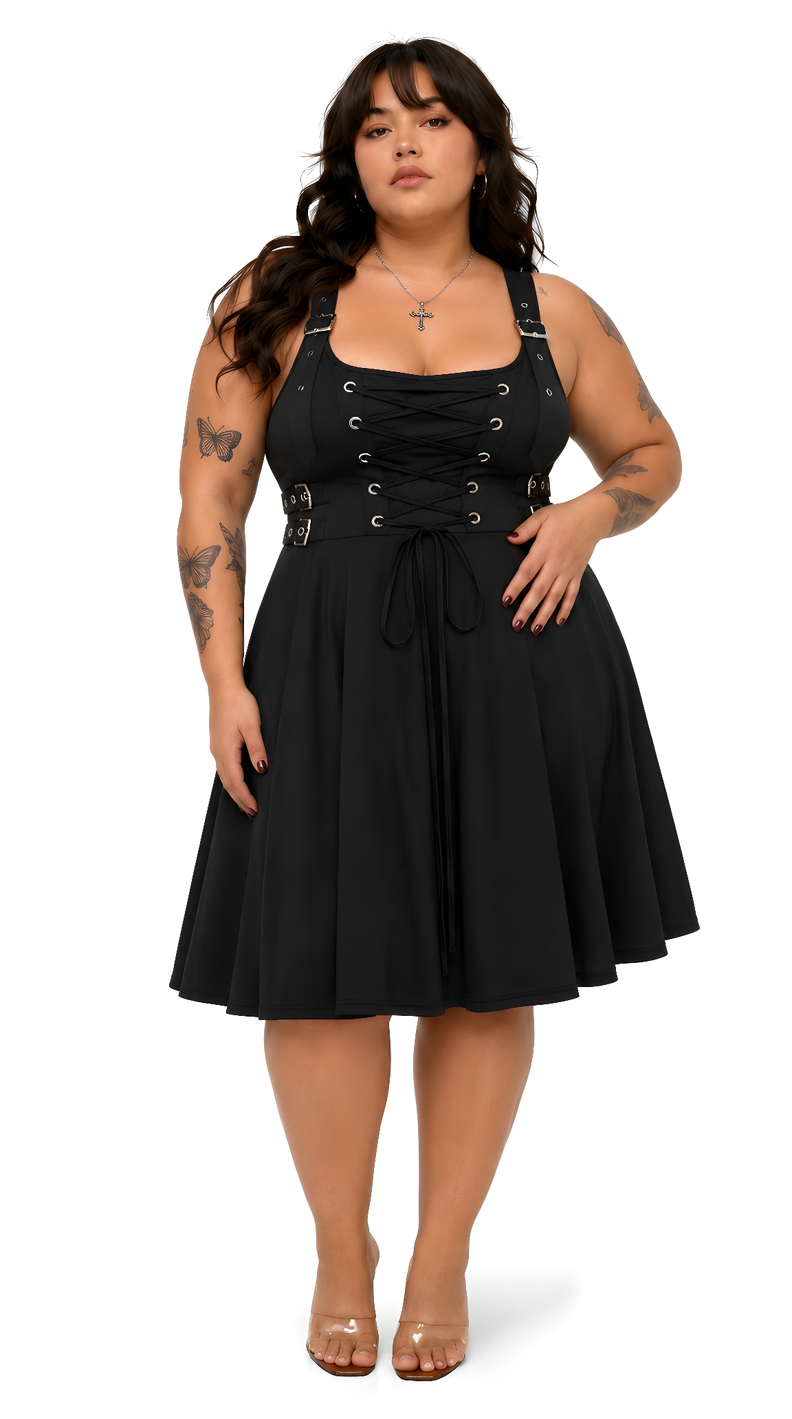 Gothic Buckled Lace-Up Midi Dress — Plus Size