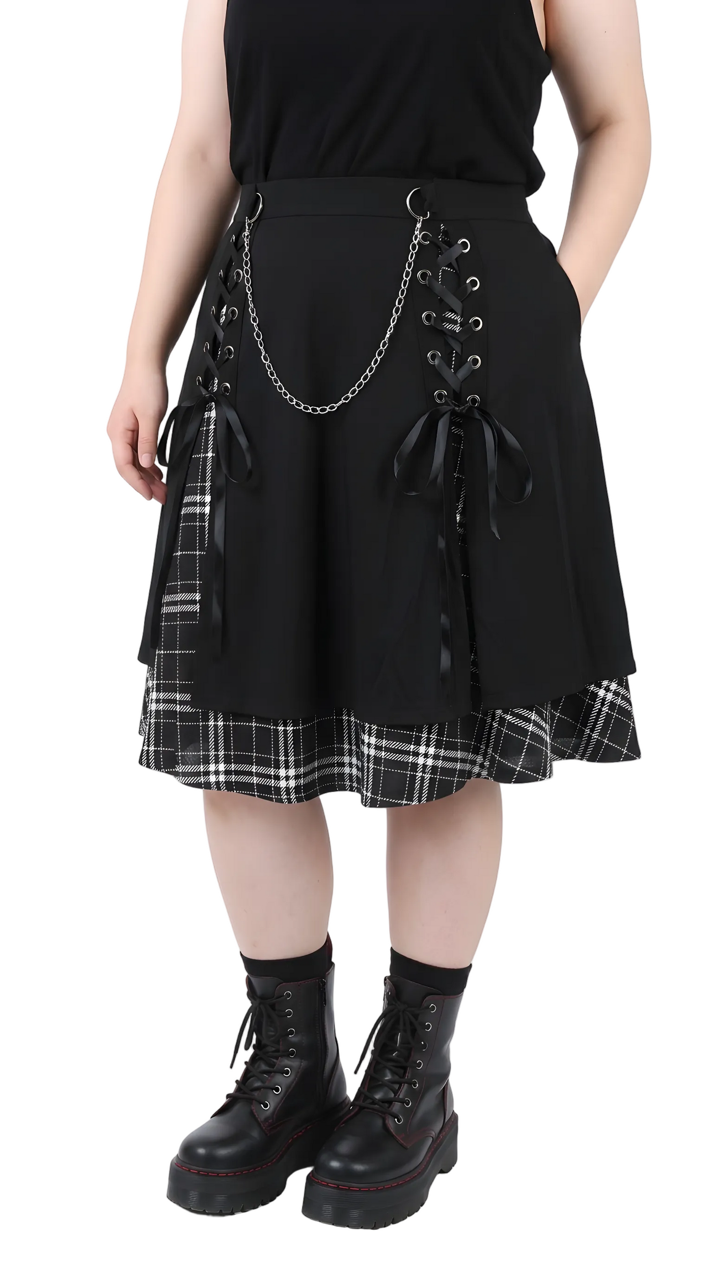 Gothic Chain Lace-Up Plaid Layered Skirt — Plus Size