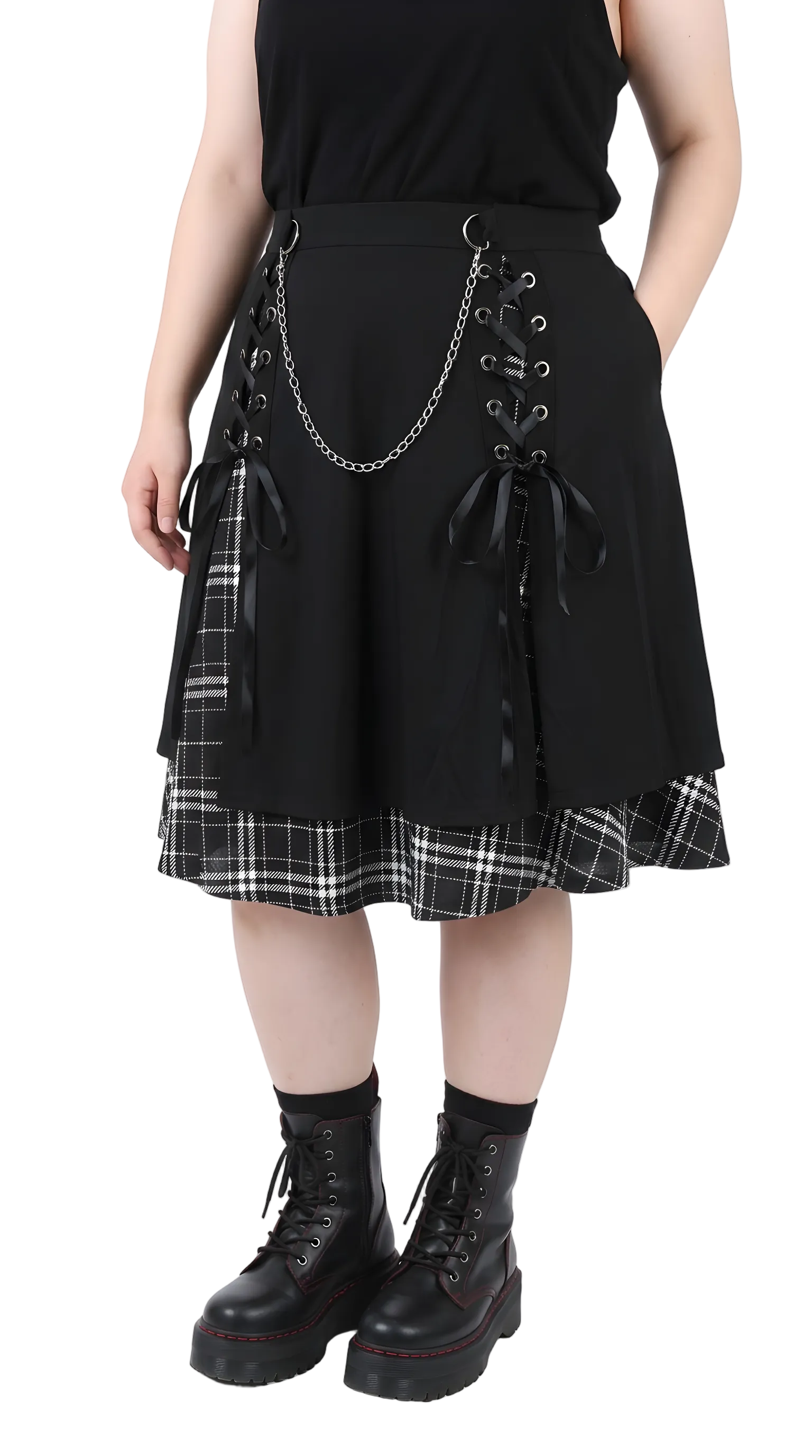 Gothic Chain Lace-Up Plaid Layered Skirt — Plus Size