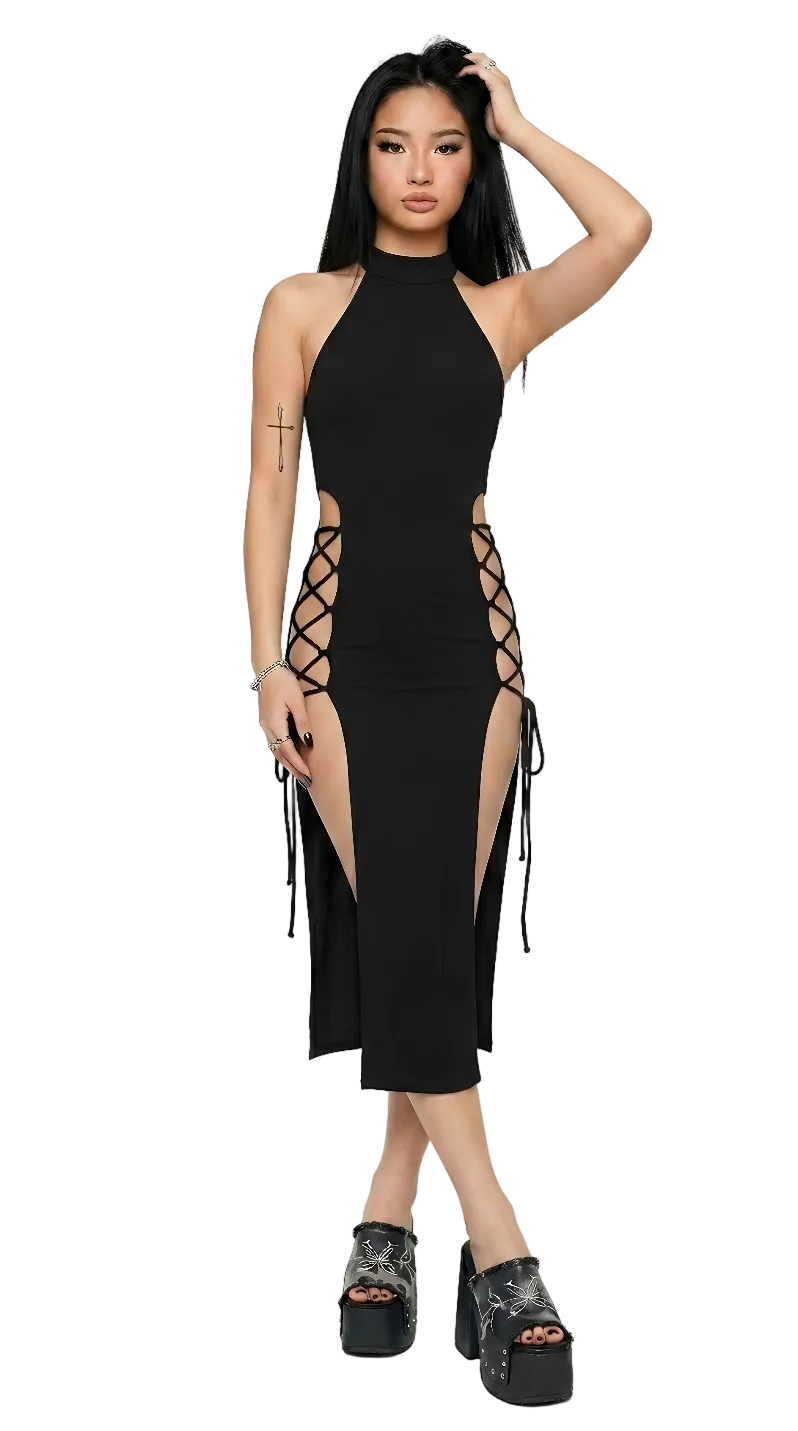 Dark Halter Bandage Midi Dress — Gothic High Split Bodycon