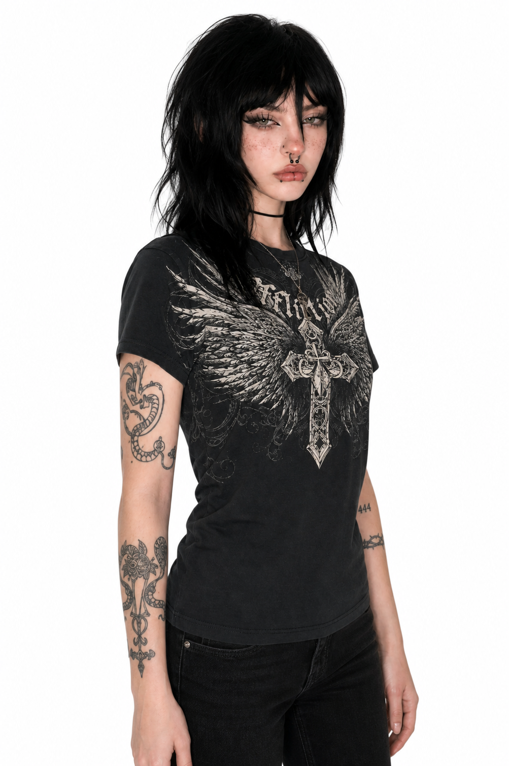 Black Winged Cross Oversized Tee side view